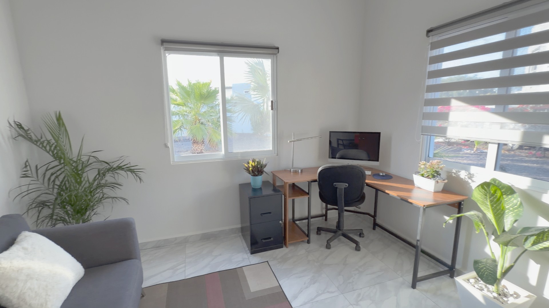 Quiet office room with garden-facing windows